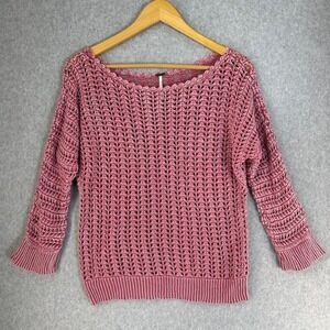Free People Pink Open Knit Crochet Sweater Cotton Boat Neck Boho Pullover Medium